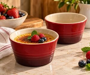 Vintage LE CREUSET Red Ombre Ribbed Ramekins Pair Ceramic Bowls Made in France